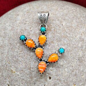 Sterling Silver Prickly Pear Cactus Pendant Orange Spiny Oyster Shell Turquoise